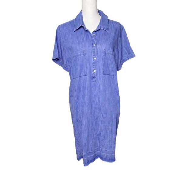 Old Navy Denim Shirt Dress Chambray Cap Short Sleeve Raw Hem Size XXL MIDI - Picture 1 of 10